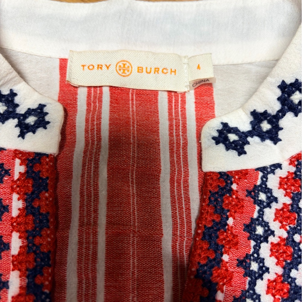 Tory Burch Red White Embroidered Boho Tunic Top Size 4 - Picture 3 of 6